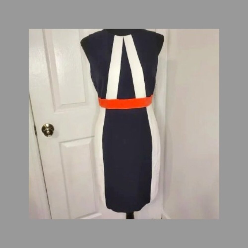NWT Sandra Darren Colorblock Sleeveless Sheath Navy Ivory Peach Midi Size 4P